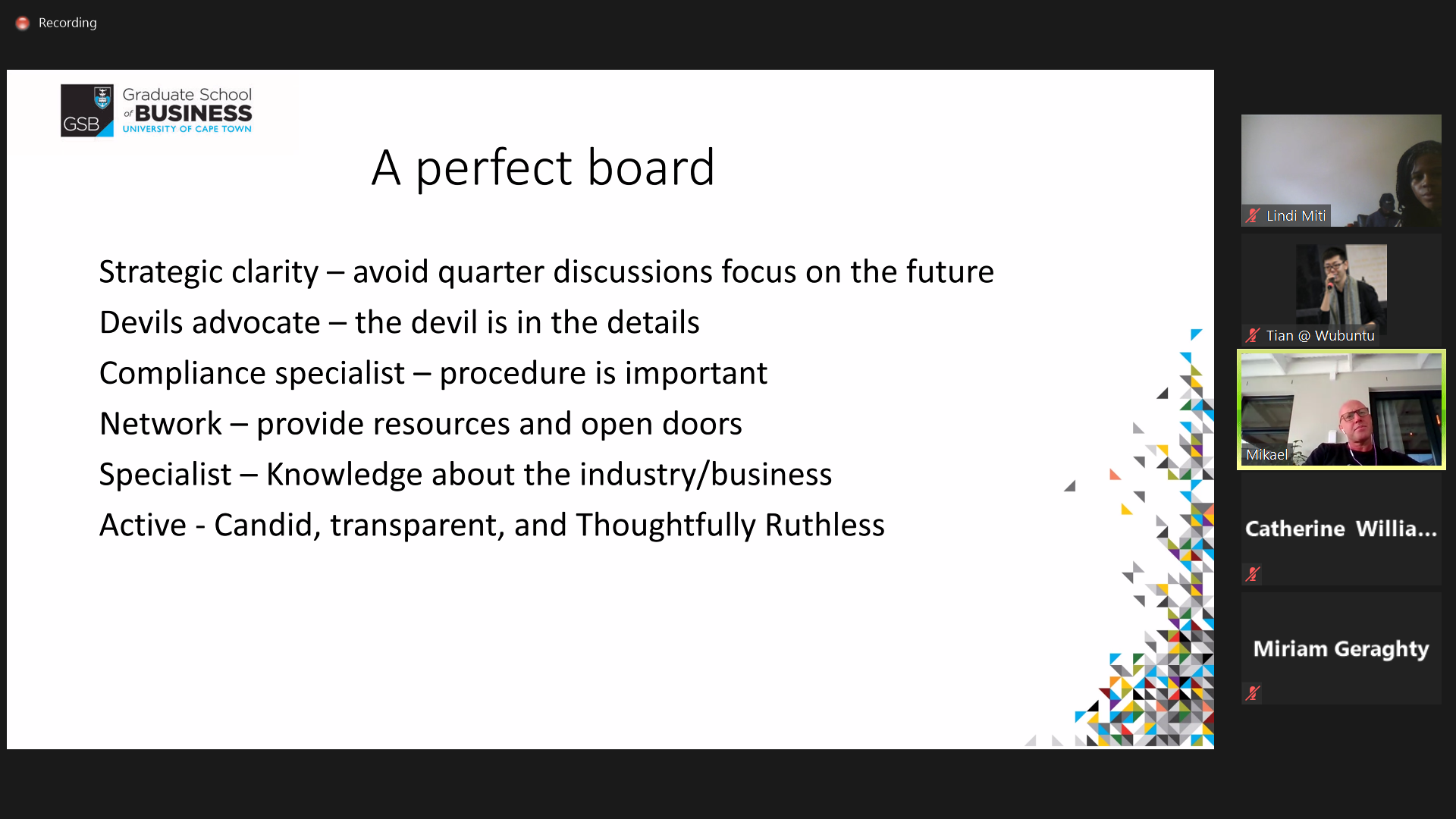 UCTGSB training sessions via Zoom